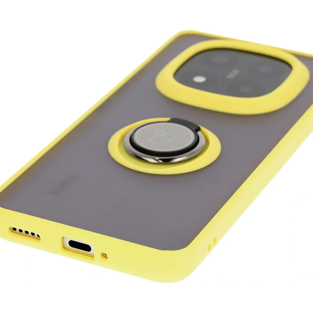Etui z uchwytem na palec Bizon Case Hybrid Ring do Xiaomi Redmi Note 14 Pro Plus 5G przydymione z żółtą ramką