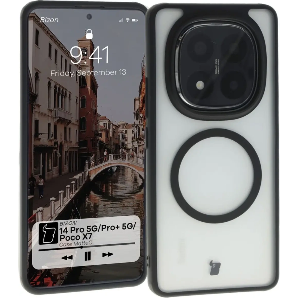Etui z pierścieniem magnetycznym Bizon Case MatteO do Xiaomi Redmi Note 14 Pro 5G / 14 Pro Plus 5G / Poco X7 półprzezroczyste z czarną ramką