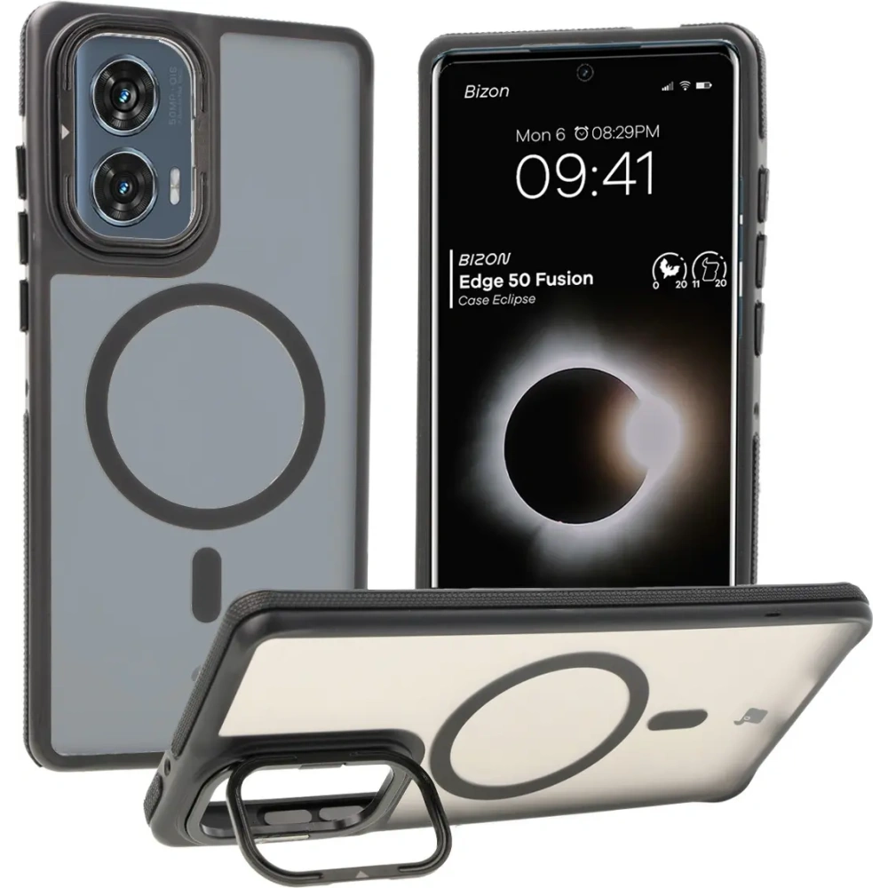 Etui z podstawką i pierścieniem magnetycznym Bizon Case Eclipse do Motorola Edge 50 Fusion przydymione z czarną ramką