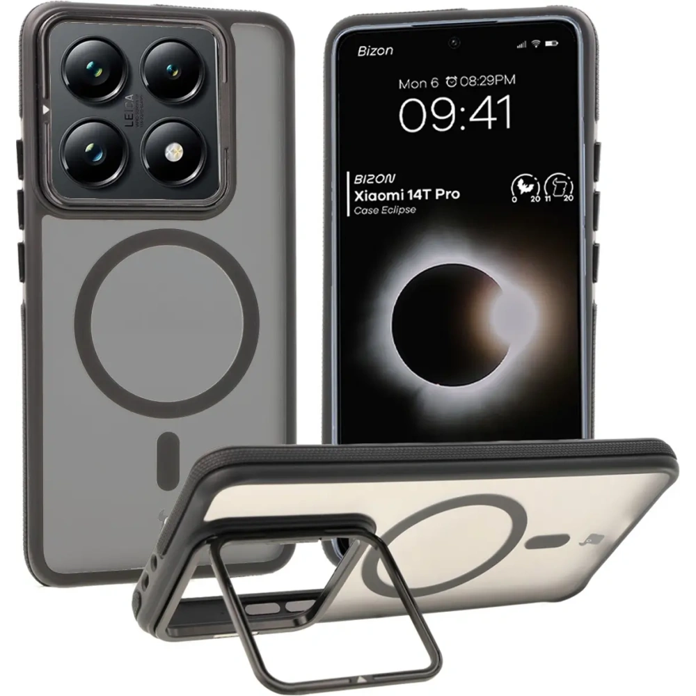 Etui z podstawką i pierścieniem magnetycznym Bizon Case Eclipse do Xiaomi 14T Pro przydymione z czarną ramką