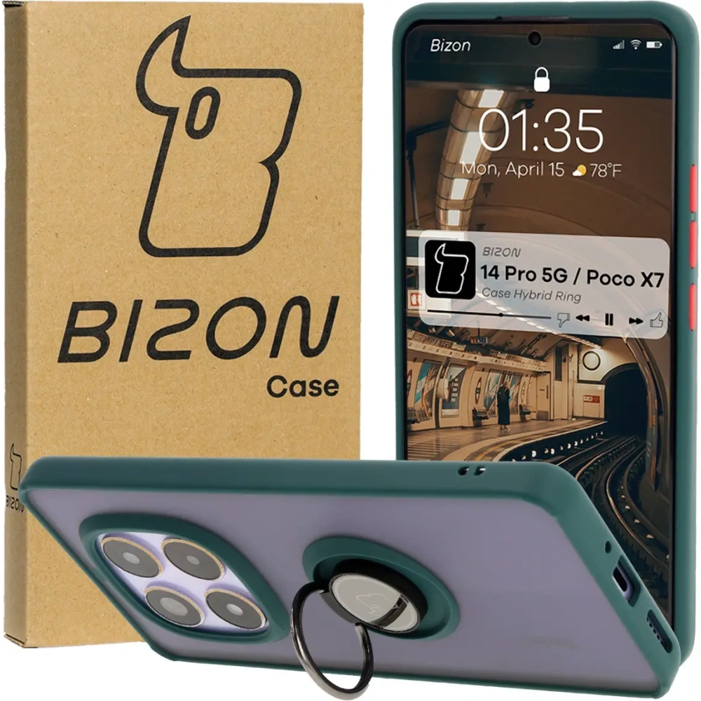 Etui z uchwytem na palec Bizon Case Hybrid Ring do Xiaomi Redmi Note 14 Pro 5G / Poco X7 przydymione z ciemnozieloną ramką