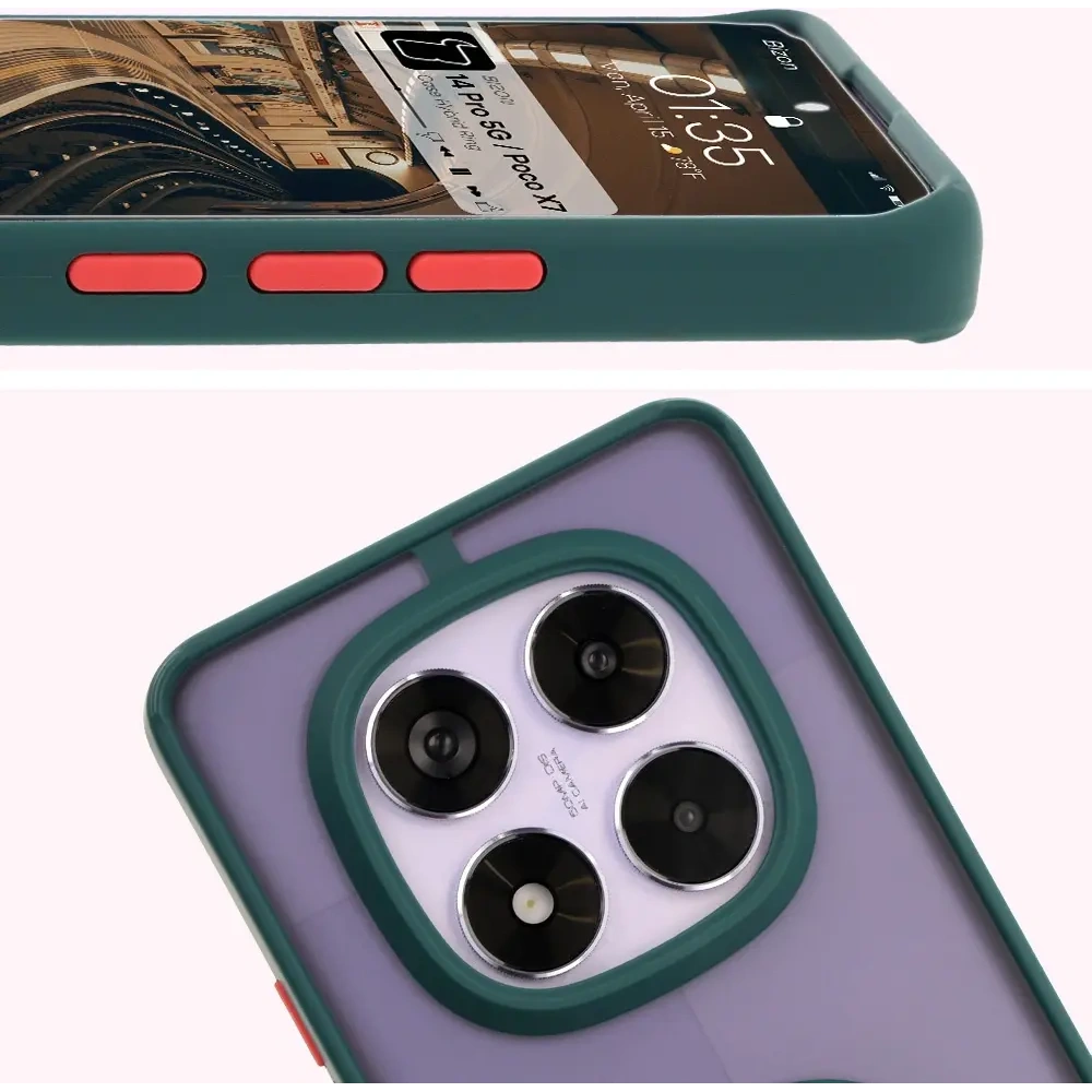 Etui z uchwytem na palec Bizon Case Hybrid Ring do Xiaomi Redmi Note 14 Pro 5G / Poco X7 przydymione z ciemnozieloną ramką