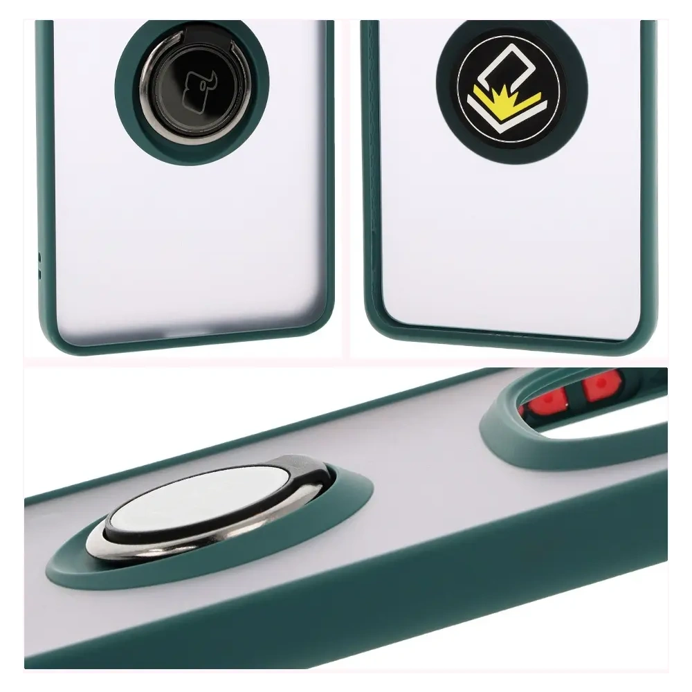 Etui z uchwytem na palec Bizon Case Hybrid Ring do Xiaomi Redmi Note 14 Pro 5G / Poco X7 przydymione z ciemnozieloną ramką