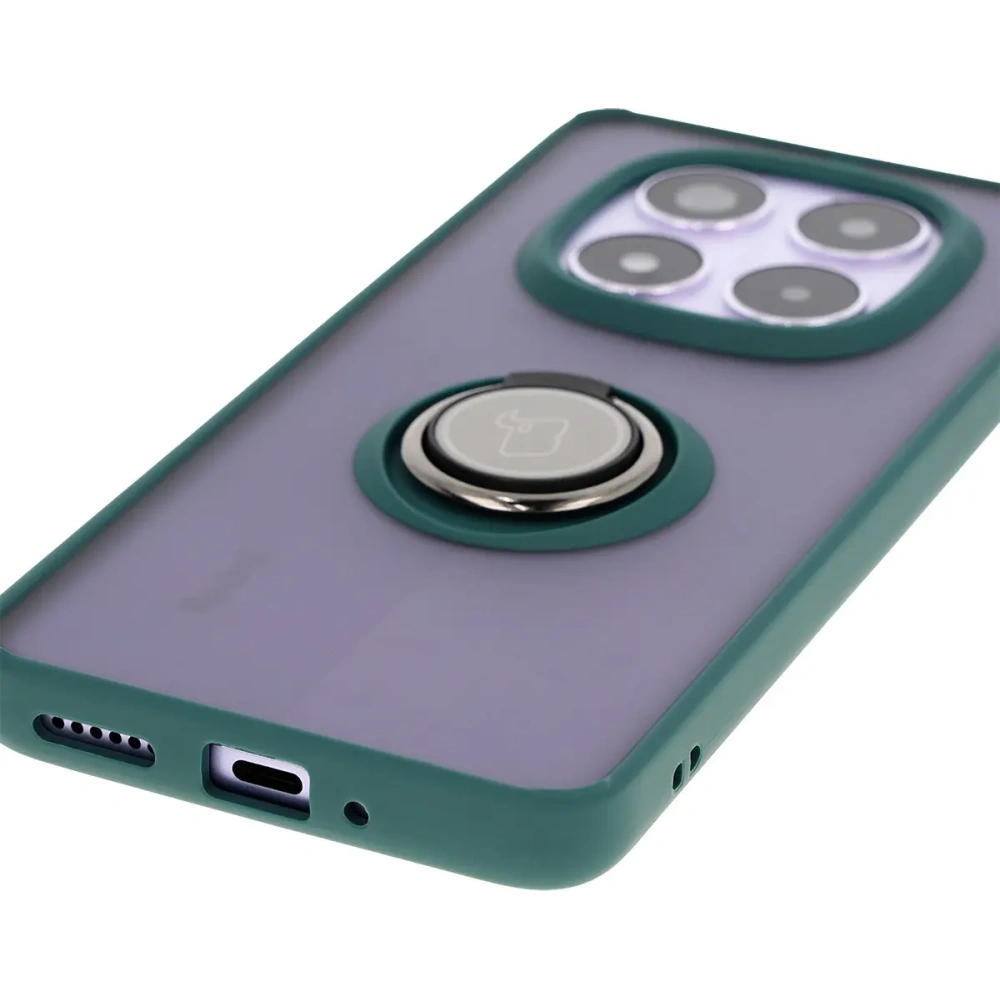 Etui z uchwytem na palec Bizon Case Hybrid Ring do Xiaomi Redmi Note 14 Pro 5G / Poco X7 przydymione z ciemnozieloną ramką