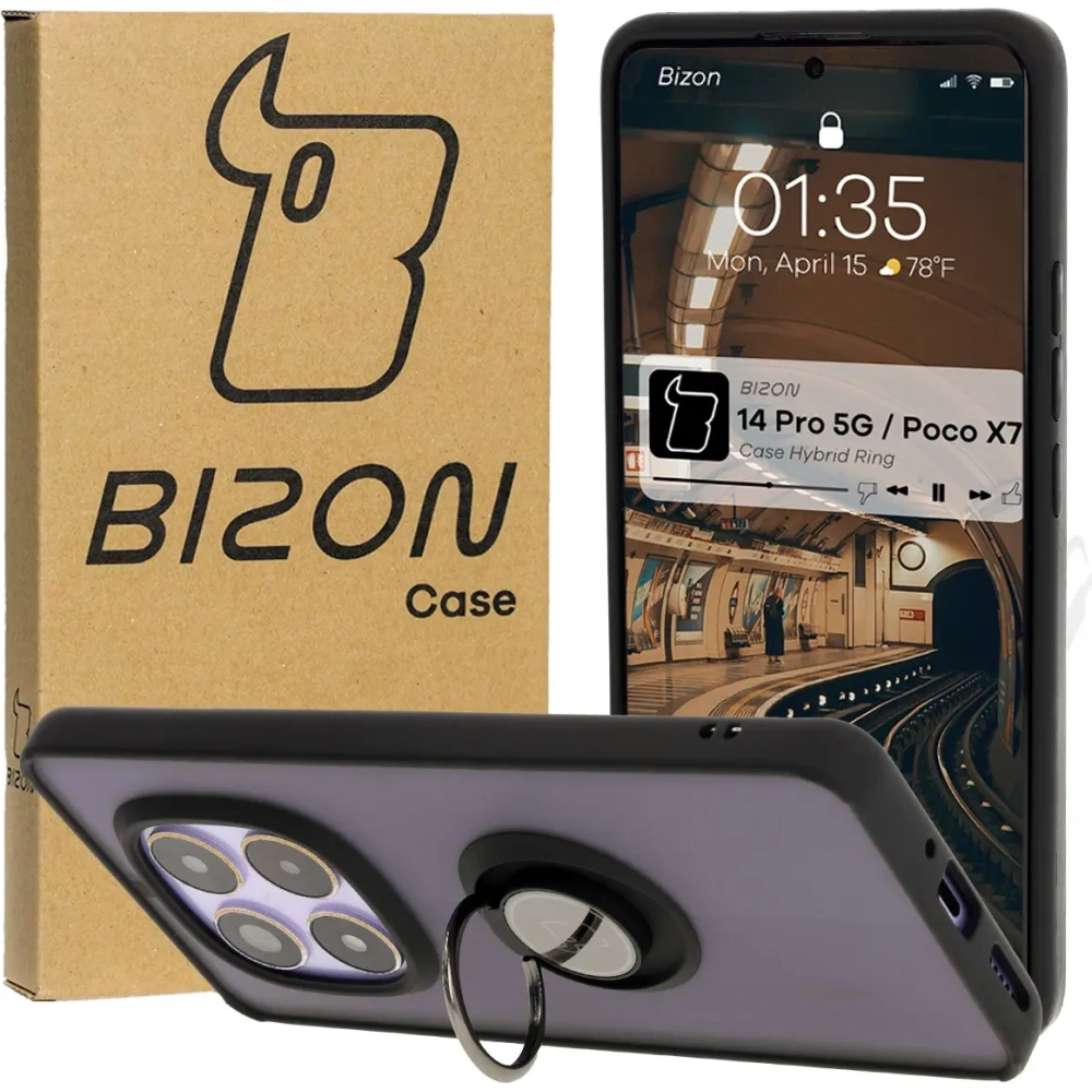 Etui z uchwytem na palec Bizon Case Hybrid Ring do Xiaomi Redmi Note 14 Pro 5G / Poco X7 przydymione z czarną ramką