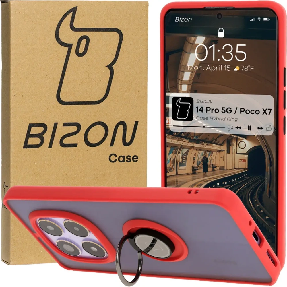Etui z uchwytem na palec Bizon Case Hybrid Ring do Xiaomi Redmi Note 14 Pro 5G / Poco X7 przydymione z czerwoną ramką