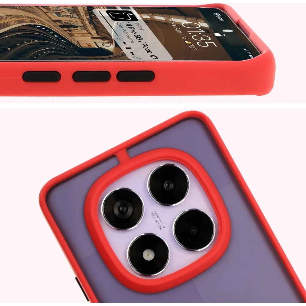 Etui z uchwytem na palec Bizon Case Hybrid Ring do Xiaomi Redmi Note 14 Pro 5G / Poco X7 przydymione z czerwoną ramką