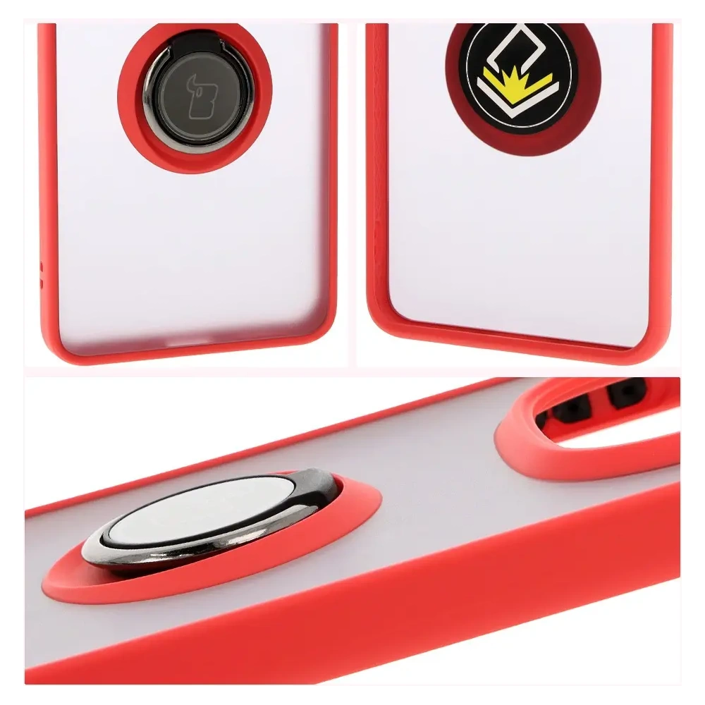 Etui z uchwytem na palec Bizon Case Hybrid Ring do Xiaomi Redmi Note 14 Pro 5G / Poco X7 przydymione z czerwoną ramką