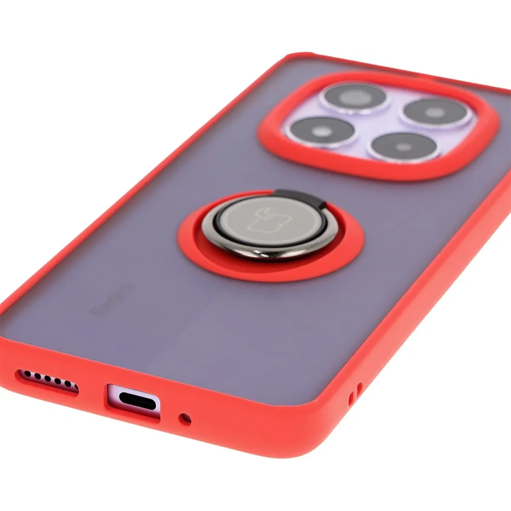 Etui z uchwytem na palec Bizon Case Hybrid Ring do Xiaomi Redmi Note 14 Pro 5G / Poco X7 przydymione z czerwoną ramką