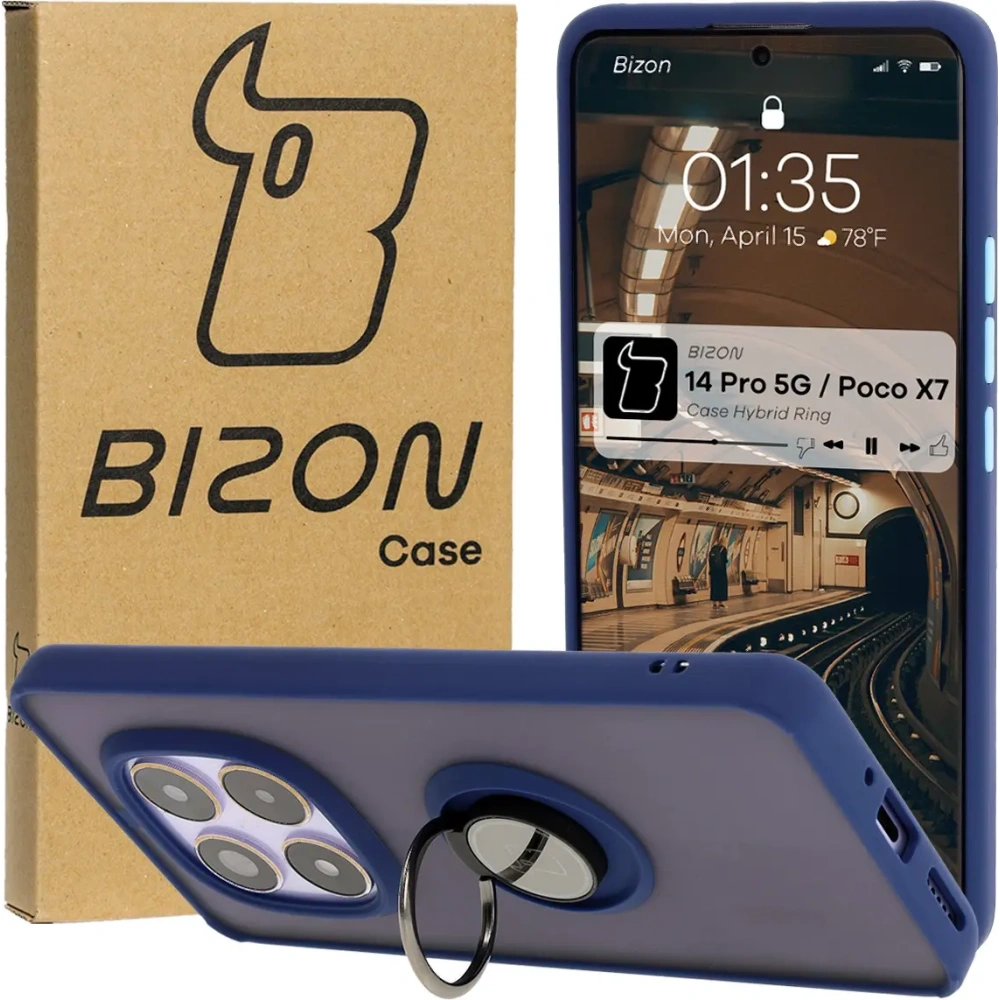 Etui z uchwytem na palec Bizon Case Hybrid Ring do Xiaomi Redmi Note 14 Pro 5G / Poco X7 przydymione z granatową ramką