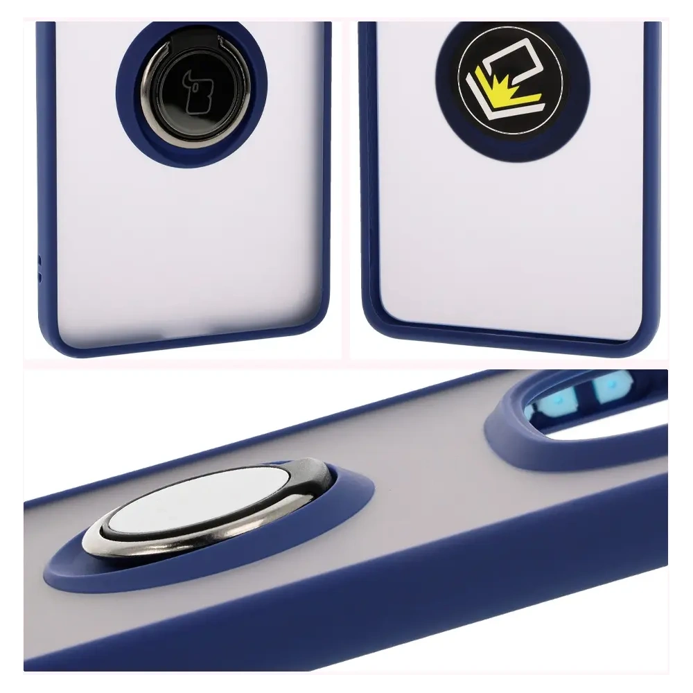 Etui z uchwytem na palec Bizon Case Hybrid Ring do Xiaomi Redmi Note 14 Pro 5G / Poco X7 przydymione z granatową ramką