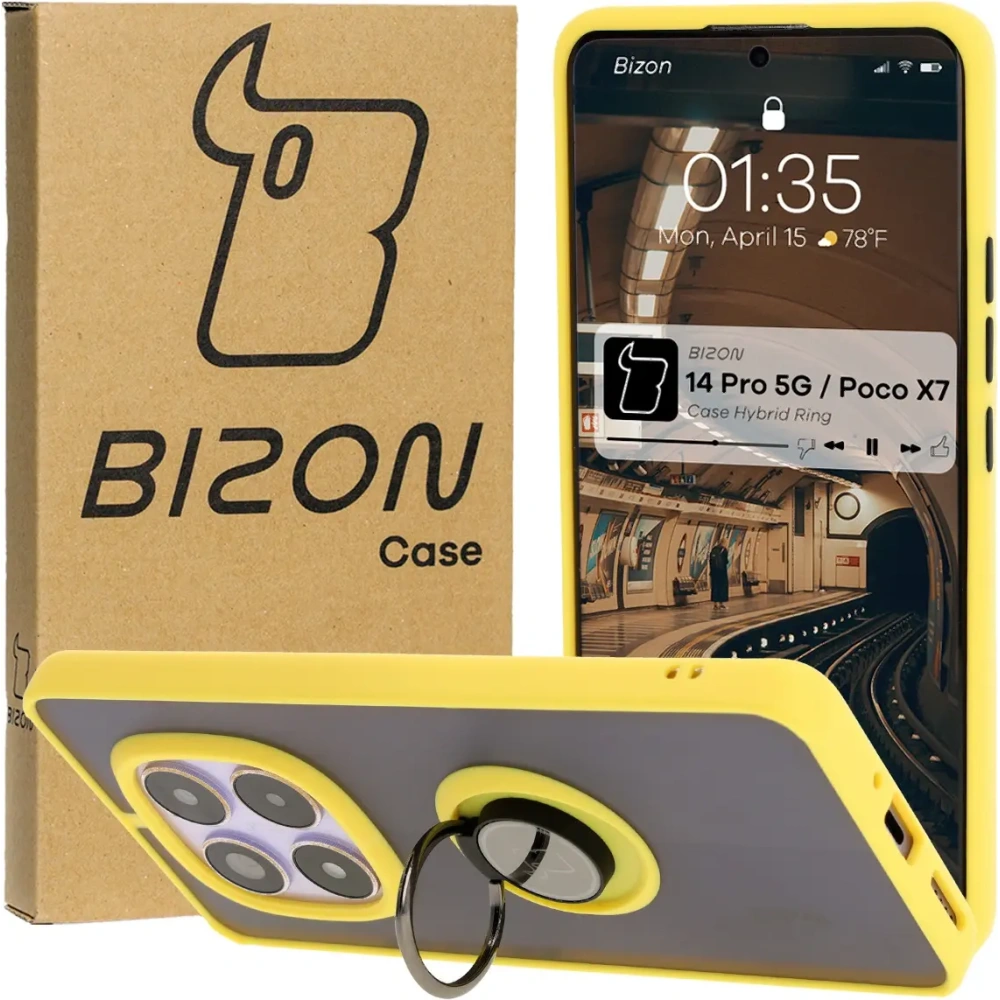 Etui z uchwytem na palec Bizon Case Hybrid Ring do Xiaomi Redmi Note 14 Pro 5G / Poco X7 przydymione z żółtą ramką