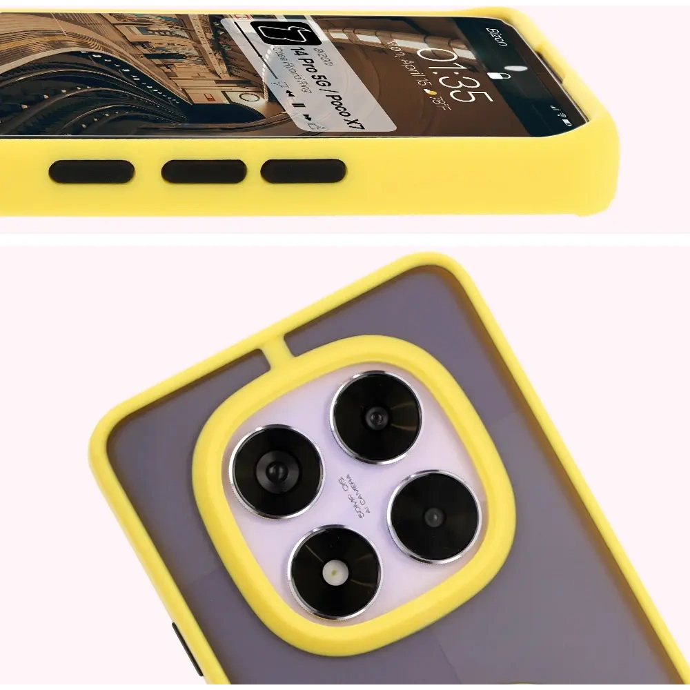 Etui z uchwytem na palec Bizon Case Hybrid Ring do Xiaomi Redmi Note 14 Pro 5G / Poco X7 przydymione z żółtą ramką