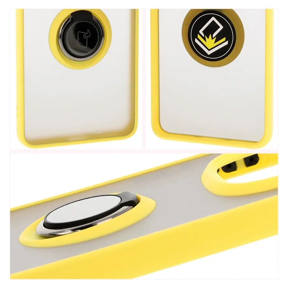 Etui z uchwytem na palec Bizon Case Hybrid Ring do Xiaomi Redmi Note 14 Pro 5G / Poco X7 przydymione z żółtą ramką
