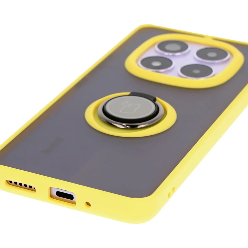 Etui z uchwytem na palec Bizon Case Hybrid Ring do Xiaomi Redmi Note 14 Pro 5G / Poco X7 przydymione z żółtą ramką