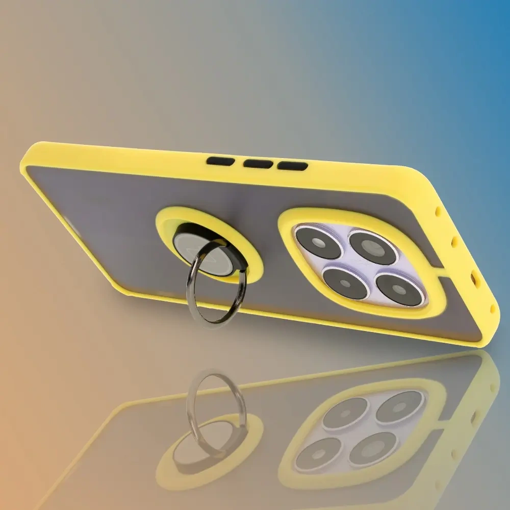 Etui z uchwytem na palec Bizon Case Hybrid Ring do Xiaomi Redmi Note 14 Pro 5G / Poco X7 przydymione z żółtą ramką