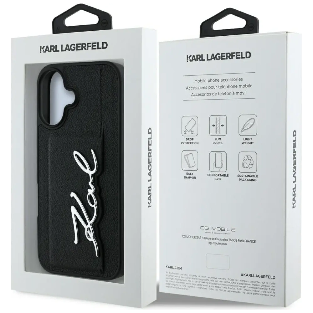 Etui Karl Lagerfeld HC Grained PU Cardslot Metal Signature do Apple iPhone 16 czarny
