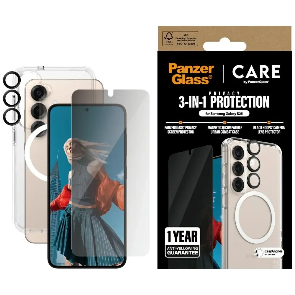 Zestaw ochronny 3w1 etui + szkło prywatyzujące na ekran + szkło na aparat CARE by PanzerGlass Flagship Samsung Galaxy S25