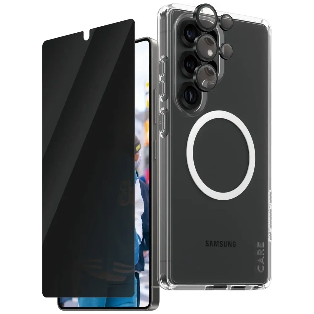 Zestaw ochronny 3w1 etui + szkło prywatyzujące na ekran + szkło na aparat CARE by PanzerGlass Flagship Samsung Galaxy S25 Ultra