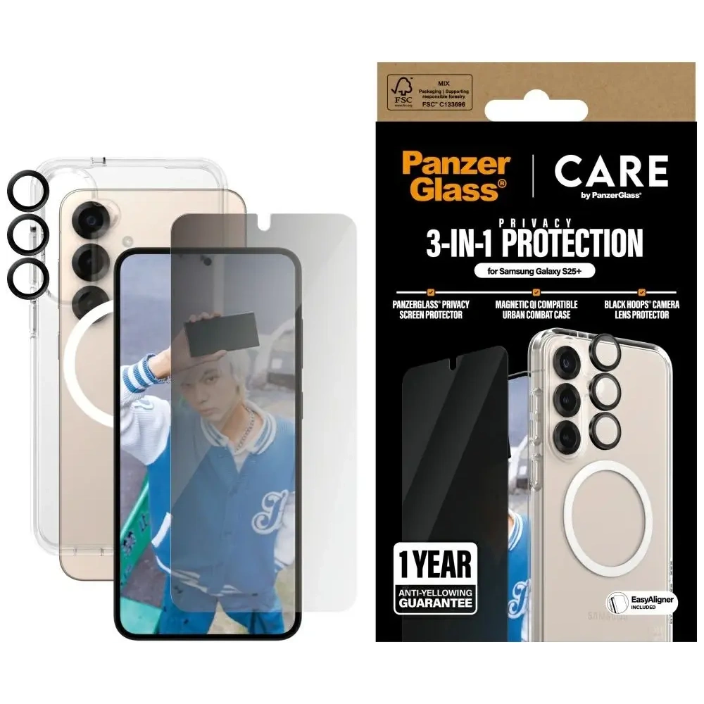 Zestaw ochronny 3w1 etui + szkło prywatyzujące na ekran + szkło na aparat CARE by PanzerGlass Flagship Samsung Galaxy S25+ Plus