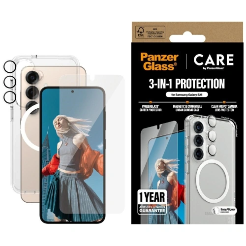 Kup CARE de PanzerGlass Husa flagship 3-in-1 + sticlă de ecran + kit de sticlă pentru cameră Samsung Galaxy S25 - PZG836 - {ean13} - Sklep Home Screen