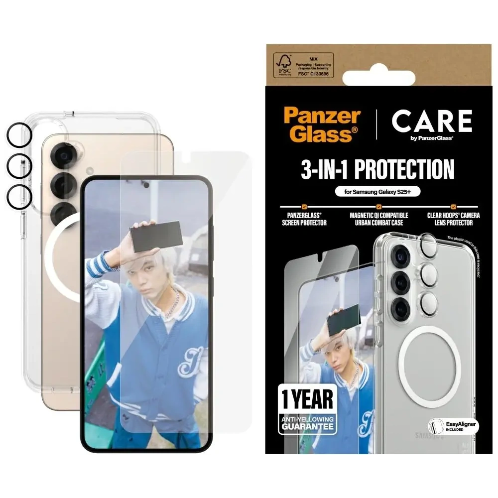 Zestaw ochronny 3w1 etui + szkło na ekran + szkło na aparat CARE by PanzerGlass Flagship Samsung Galaxy S25+ Plus