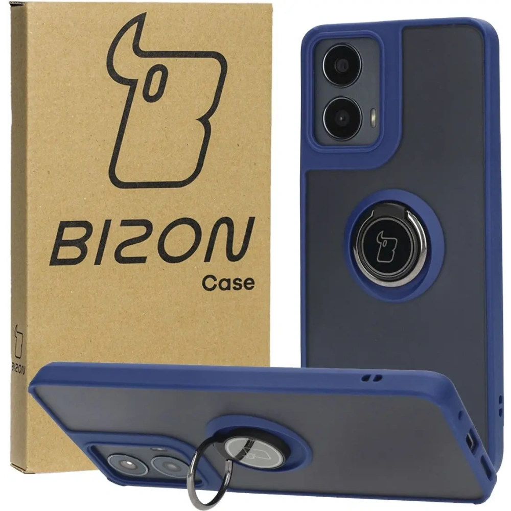 Etui z uchwytem na palec Bizon Case Hybrid Ring do Motorola Moto G04 / G24 / G24 Power przydymione z granatową ramką