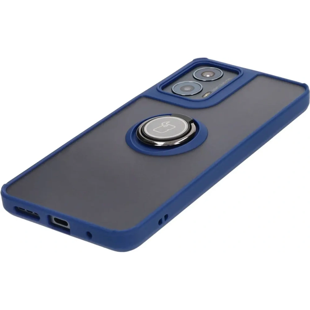 Etui z uchwytem na palec Bizon Case Hybrid Ring do Motorola Moto G04 / G24 / G24 Power przydymione z granatową ramką