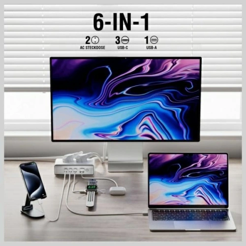 Buy 4smarts 6in1 extension cable 2xAC, USB-A, 3xUSB-C 65W GaN white - 4SMR68 - {ean13} - Home Screen Store Europe