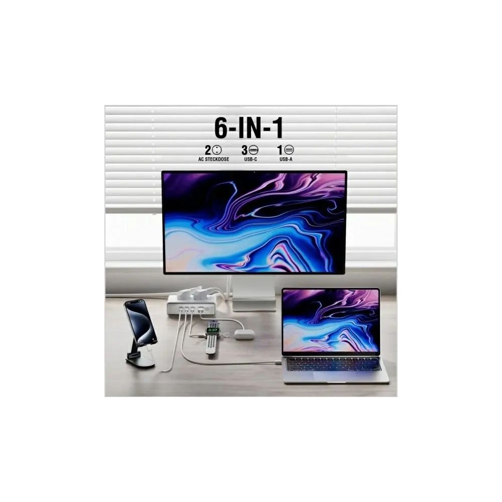 Przedłużacz 4smarts 6w1 2xAC, USB-A, 3xUSB-C 65W GaN biały