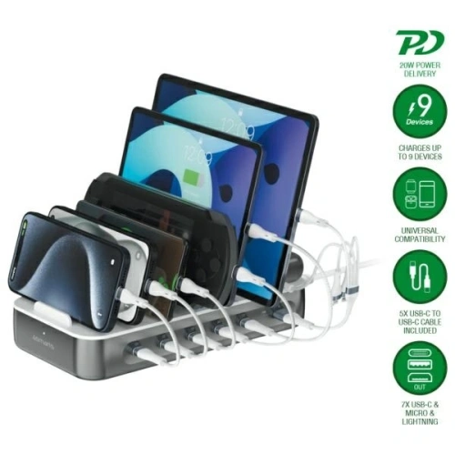Kup 4smarts Csapat 100W USB-A, 5xUSB-C töltőállomás kábel szettel, űrszürke színben - 4SMR69 - {ean13} - Sklep Home Screen