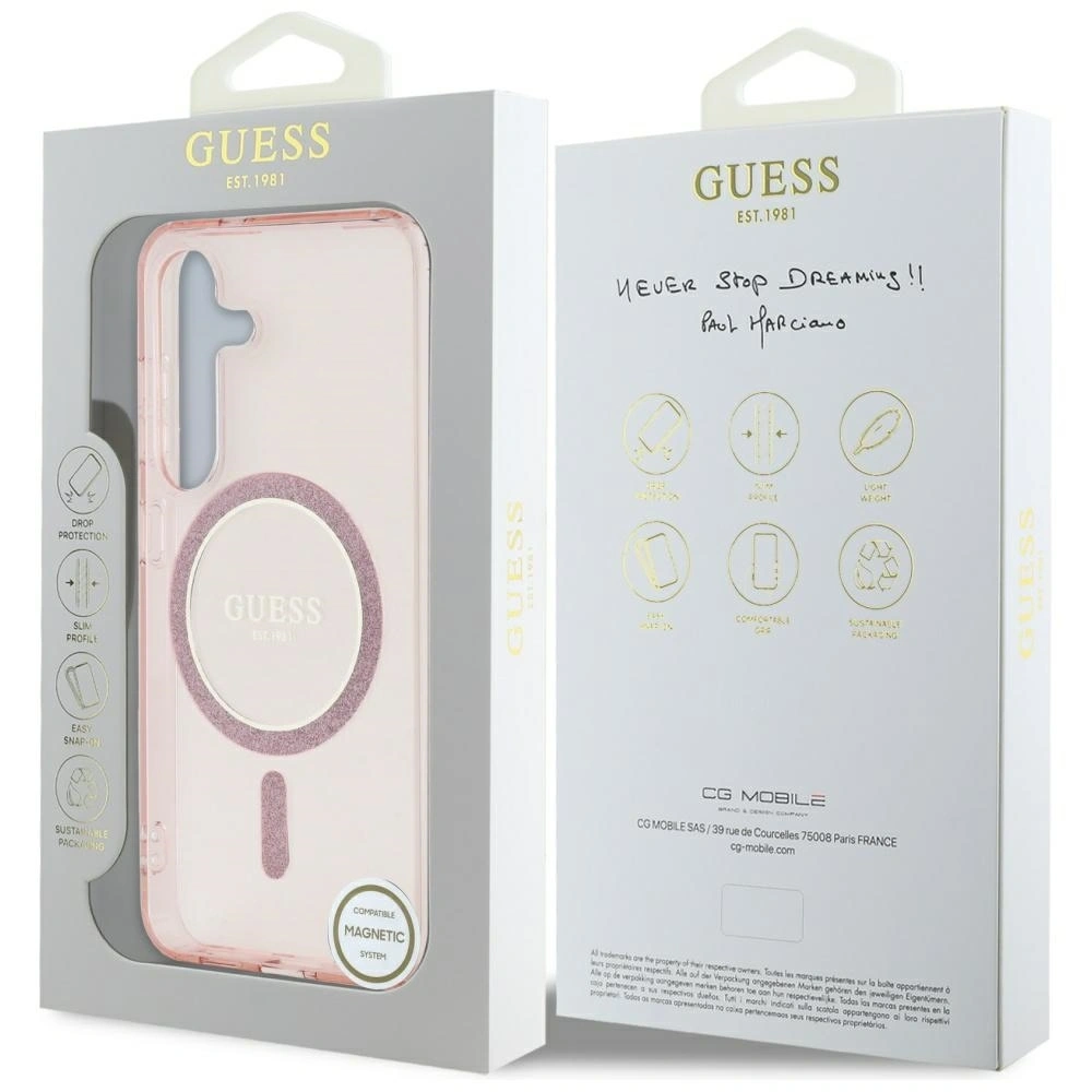 Etui Guess Glitter Circle Classic Logo MagSafe do Samsung Galaxy S25 różowy