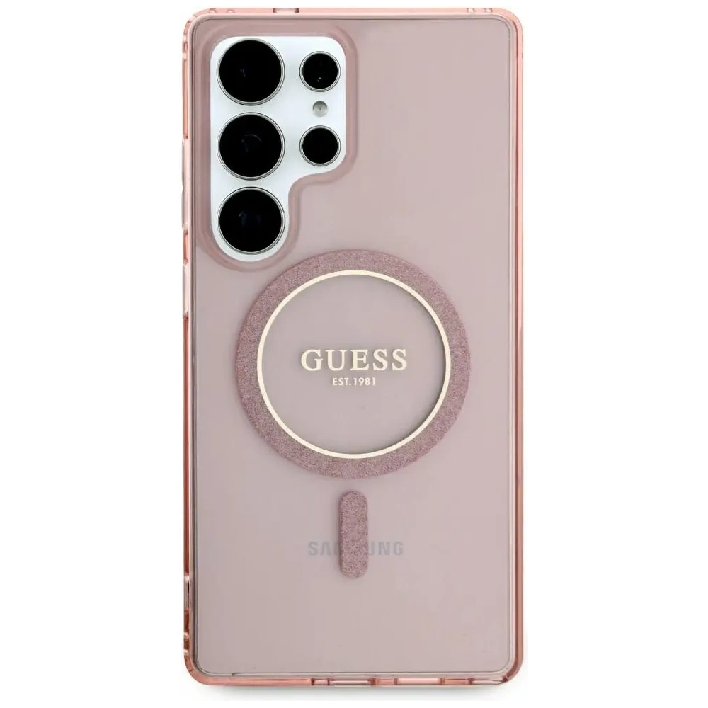 Etui Guess Glitter Circle Classic Logo MagSafe do Samsung Galaxy S25 Ultra różowy