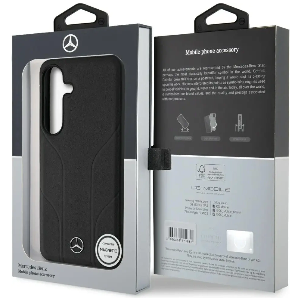 Etui Mercedes Leather Debossed Lines MagSafe do Samsung Galaxy S25 czarny