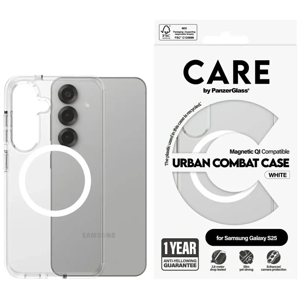 Etui CARE by PanzerGlass Flagship Urban Combat White QI do Samsung Galaxy S25 przezroczysty