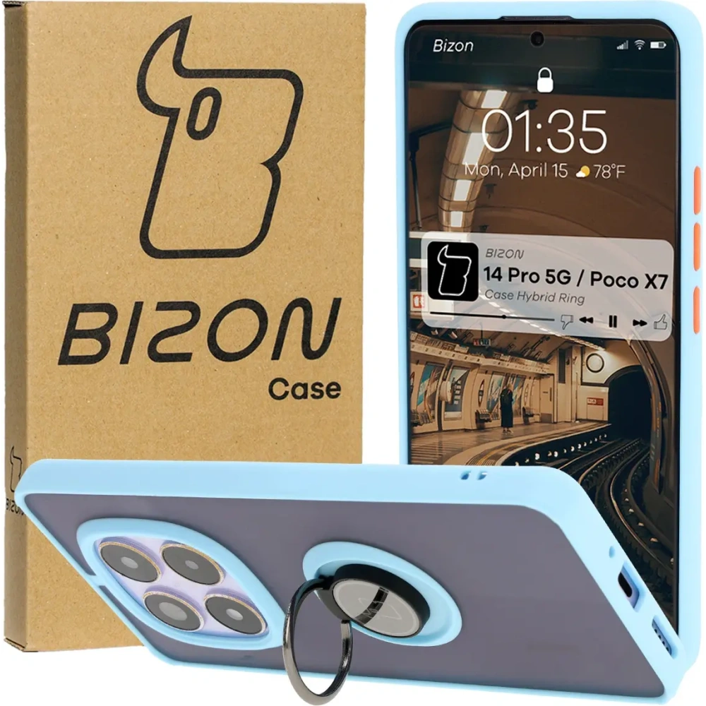 Etui z uchwytem na palec Bizon Case Hybrid Ring do Xiaomi Redmi Note 14 Pro 5G / Poco X7 przydymione z jasnoniebieską ramką