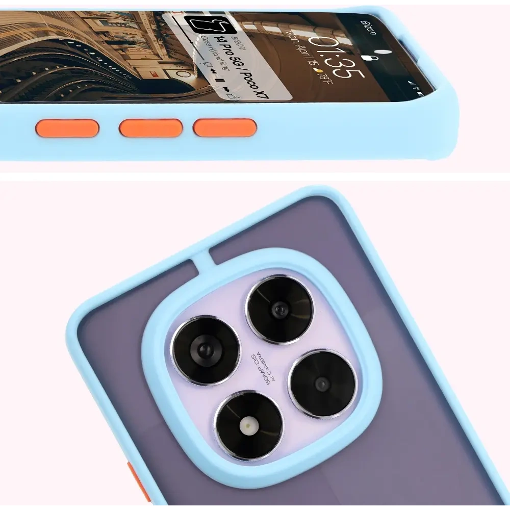 Etui z uchwytem na palec Bizon Case Hybrid Ring do Xiaomi Redmi Note 14 Pro 5G / Poco X7 przydymione z jasnoniebieską ramką