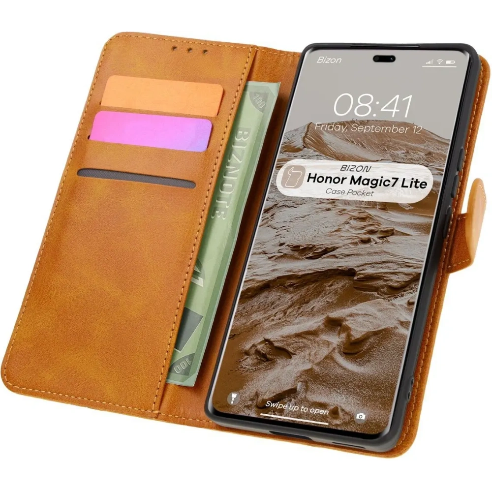 Etui z klapką Bizon Case Pocket do Honor Magic7 Lite brązowe