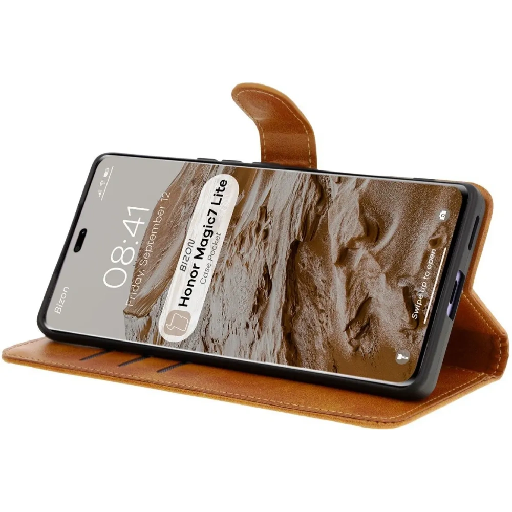 Etui z klapką Bizon Case Pocket do Honor Magic7 Lite brązowe