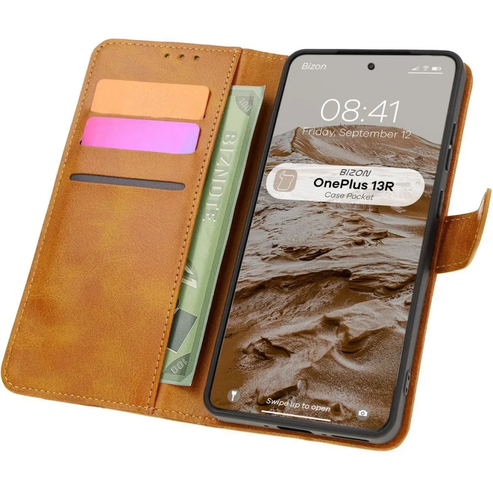 Etui z klapką Bizon Case Pocket do OnePlus 13R brązowe