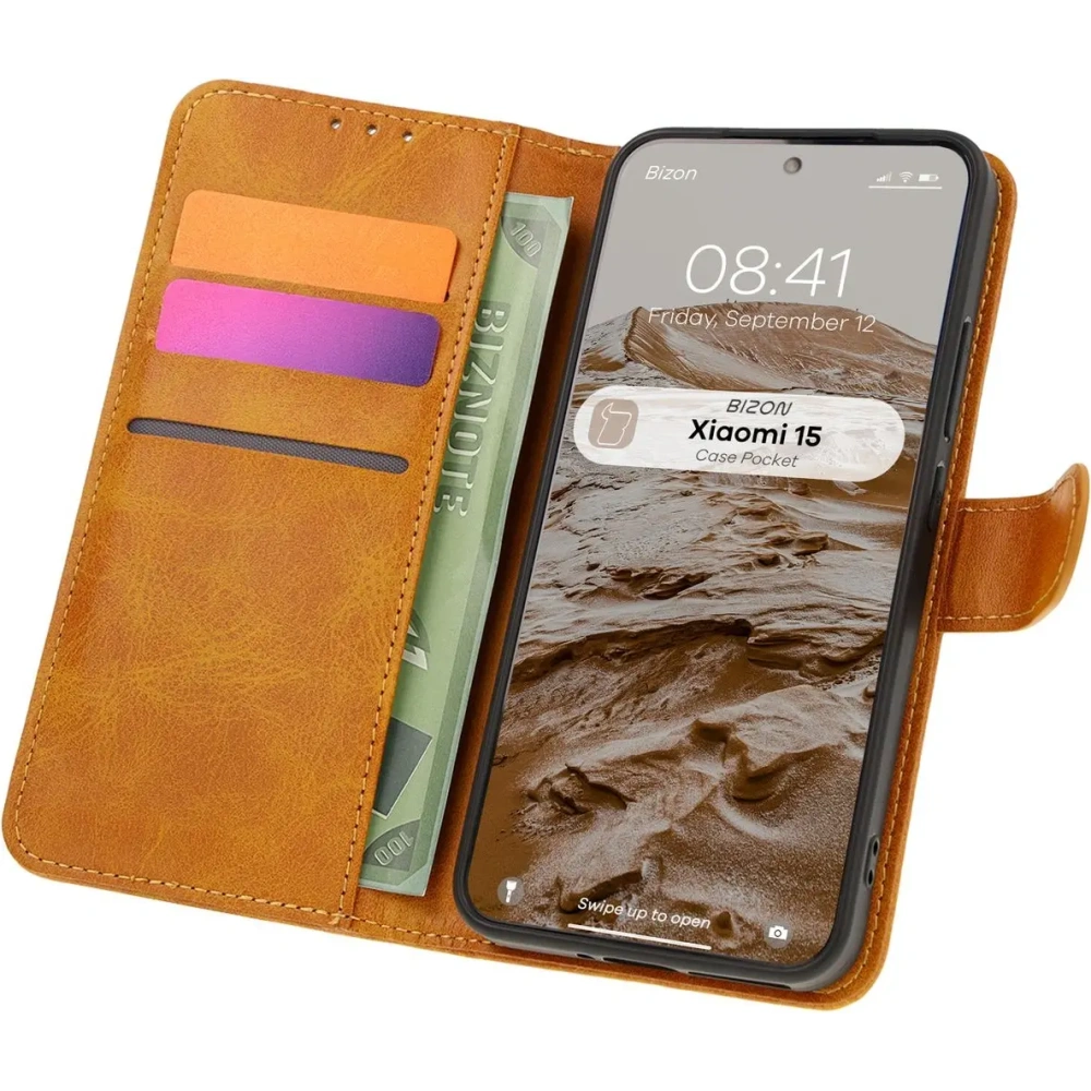 Etui z klapką Bizon Case Pocket do Xiaomi 15 brązowe
