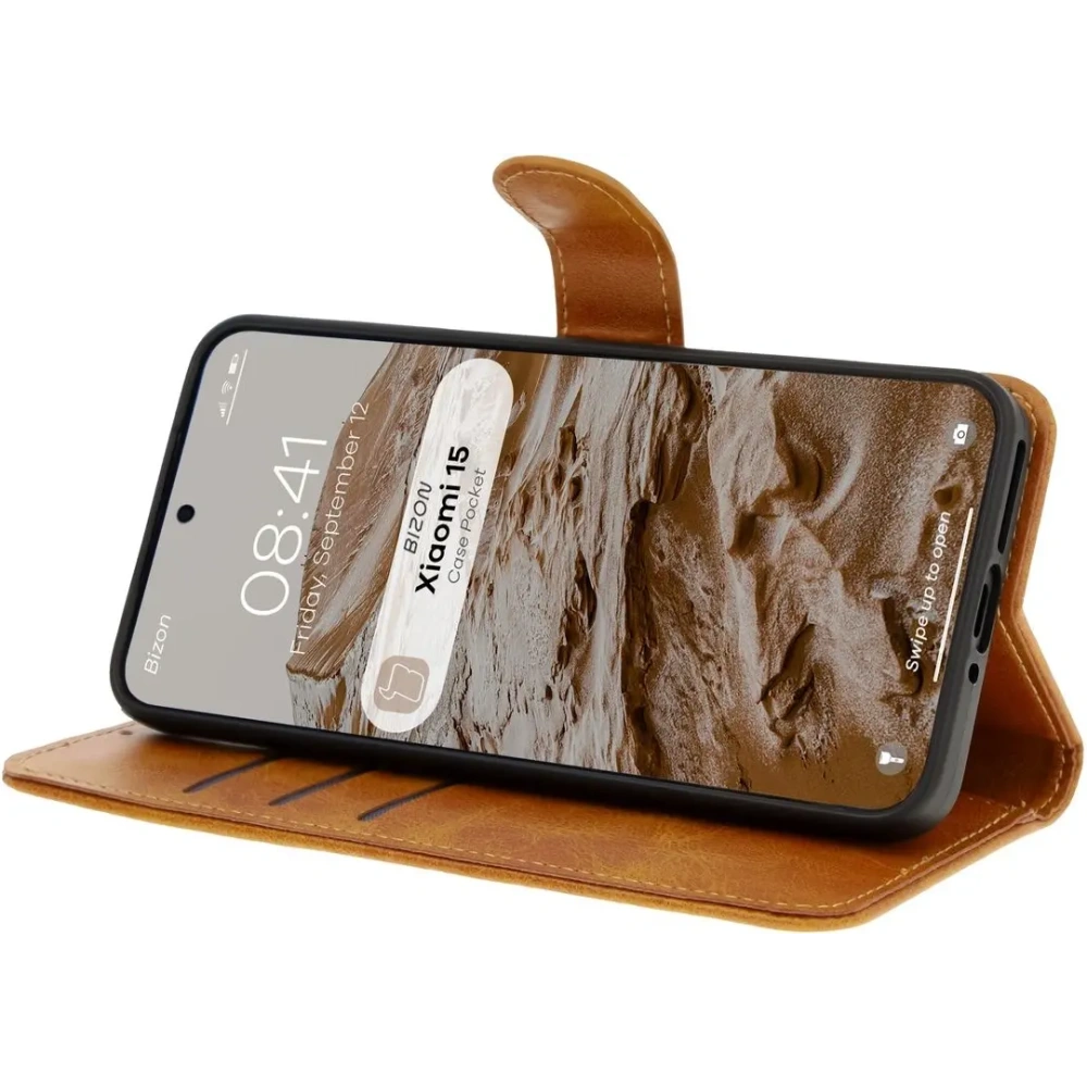 Etui z klapką Bizon Case Pocket do Xiaomi 15 brązowe
