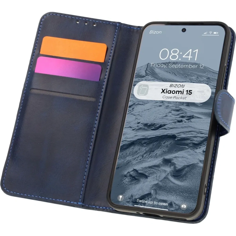 Etui z klapką Bizon Case Pocket do Xiaomi 15 granatowe