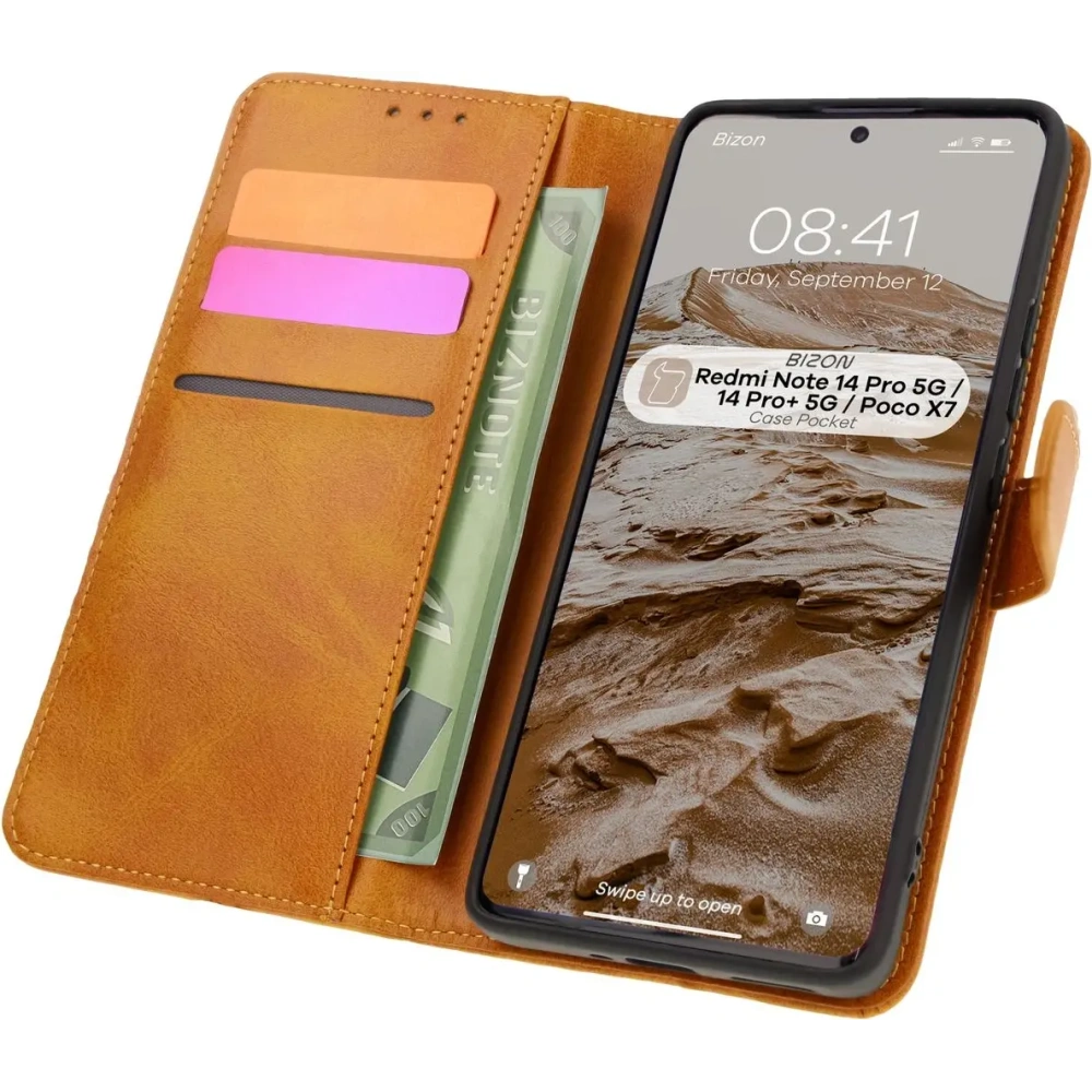 Etui z klapką Bizon Case Pocket do Xiaomi Redmi Note 14 Pro 5G / Poco X7 brązowe