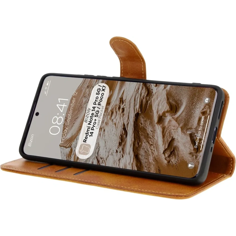 Etui z klapką Bizon Case Pocket do Xiaomi Redmi Note 14 Pro 5G / Poco X7 brązowe