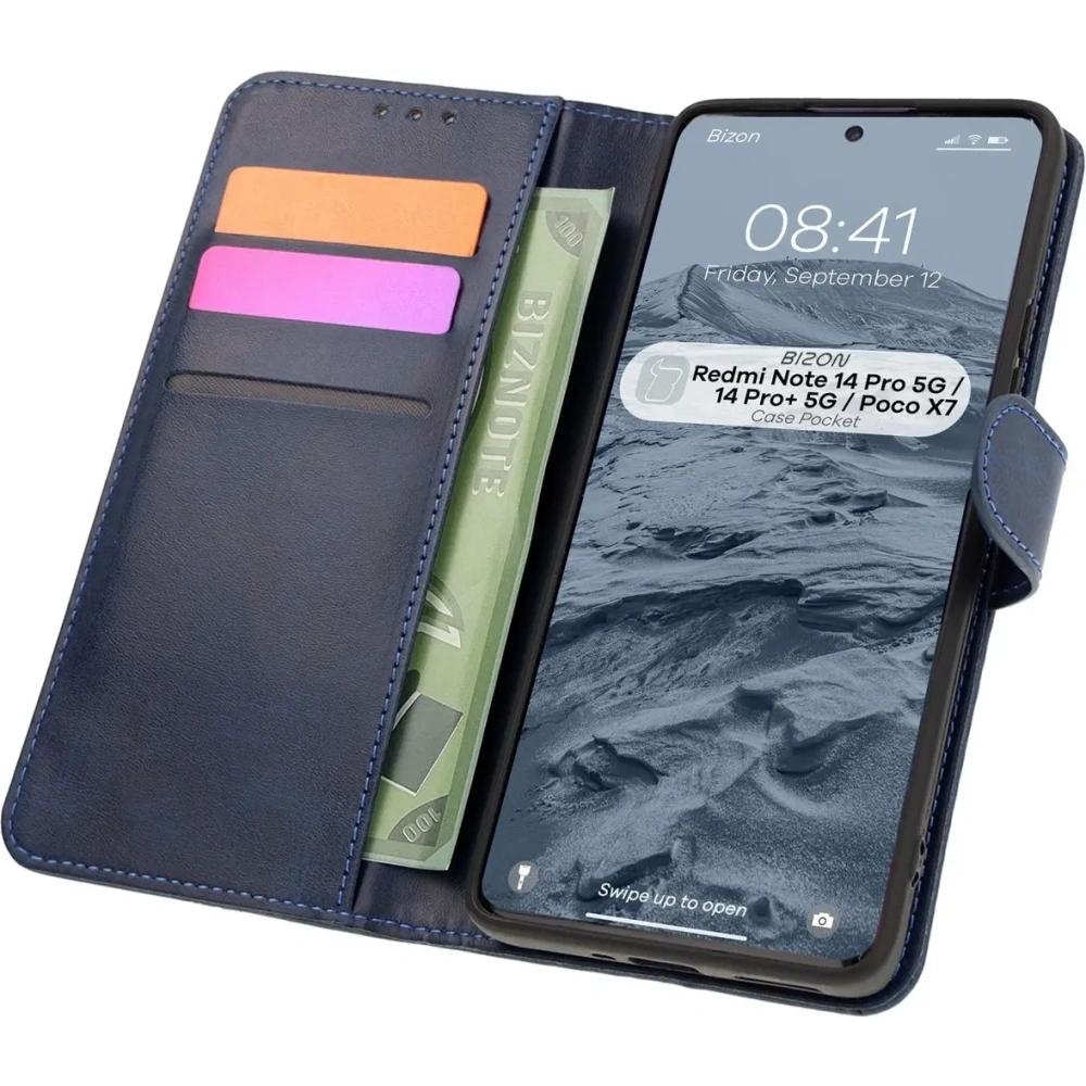 Etui z klapką Bizon Case Pocket do Xiaomi Redmi Note 14 Pro 5G / Poco X7 granatowe