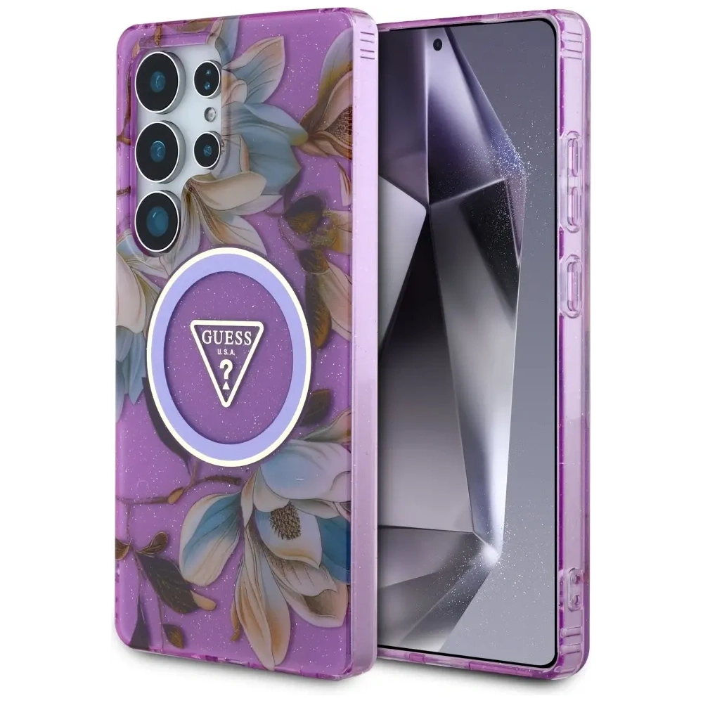 Etui Guess Glitter Flowers Triangle Buttons MagSafe do Samsung Galaxy S25 Ultra fioletowy