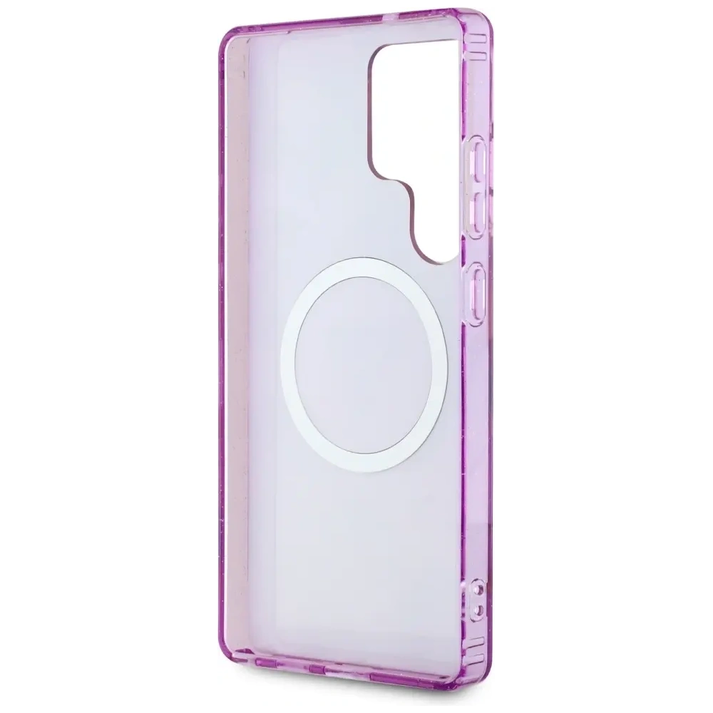 Etui Guess Glitter Flowers Triangle Buttons MagSafe do Samsung Galaxy S25 Ultra fioletowy