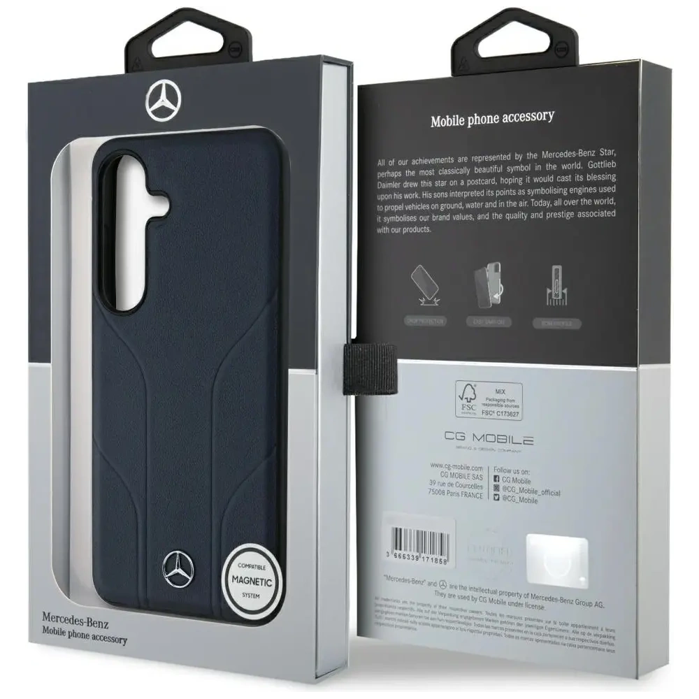 Etui Mercedes Leather Debossed Lines MagSafe do Samsung Galaxy S25 niebieski