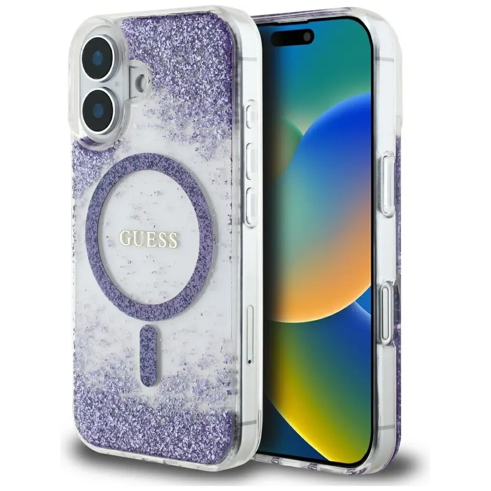 Etui Guess HC Resin Bottom Glitter do Apple iPhone 16 MagSafe fioletowy